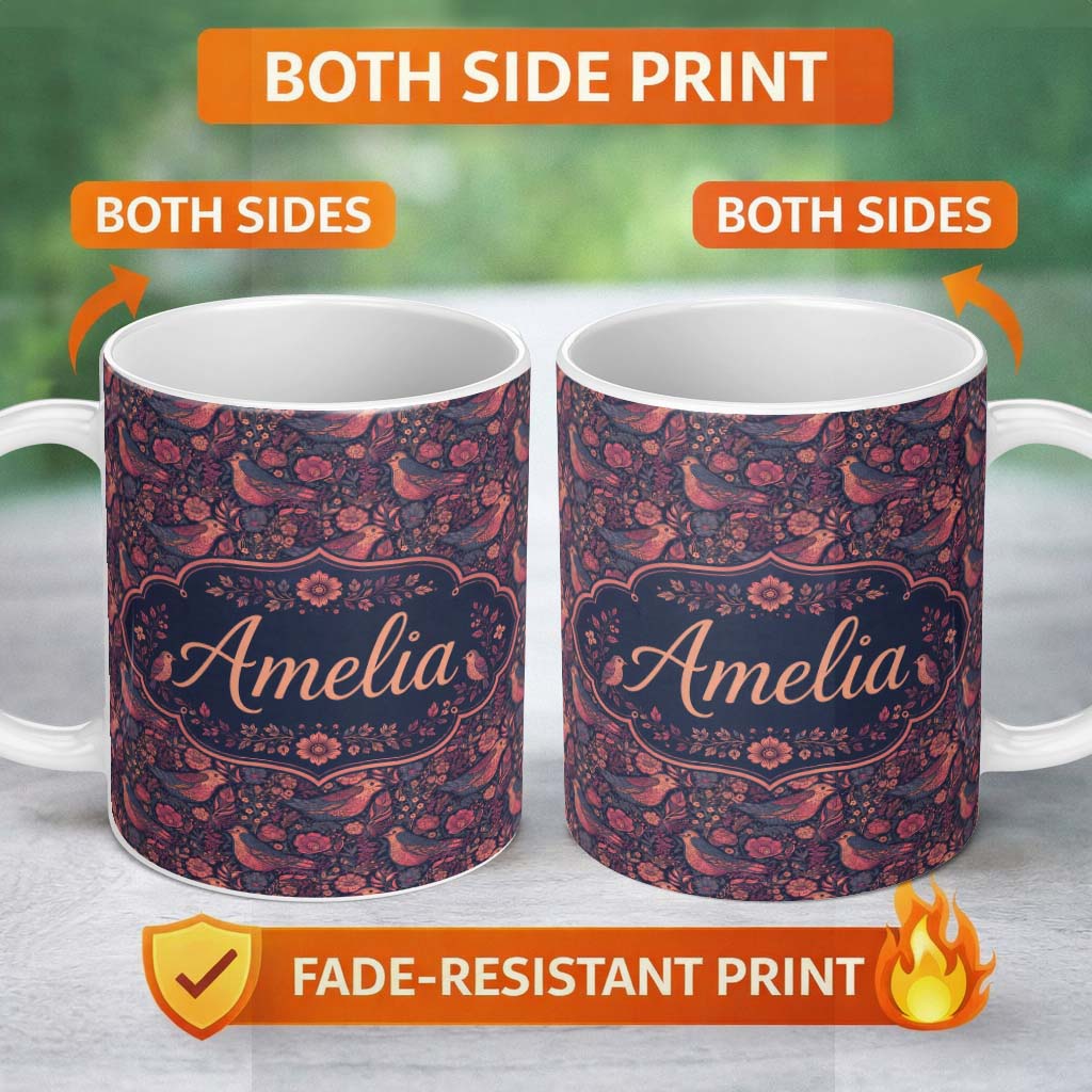 Personalized Custom Name Vintage Floral Birds Seamless Pattern Dark Botanical Garden Name 11oz Ceramic Coffee Tea Mug White Large Handle