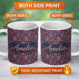 Personalized Custom Name Vintage Floral Birds Seamless Pattern Dark Botanical Garden Name 11oz Ceramic Coffee Tea Mug White Large Handle