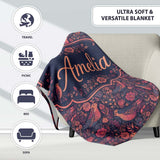 Vintage Floral Birds Seamless Pattern Dark Botanical Garden Name  Personalised Custom Name Super Soft Fleece Blanket Bed Sofa Throw