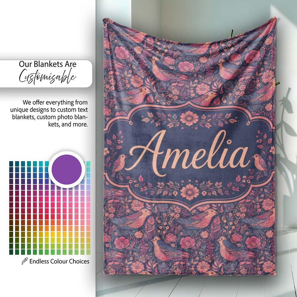 Vintage Floral Birds Seamless Pattern Dark Botanical Garden Name  Personalised Custom Name Super Soft Fleece Blanket Bed Sofa Throw