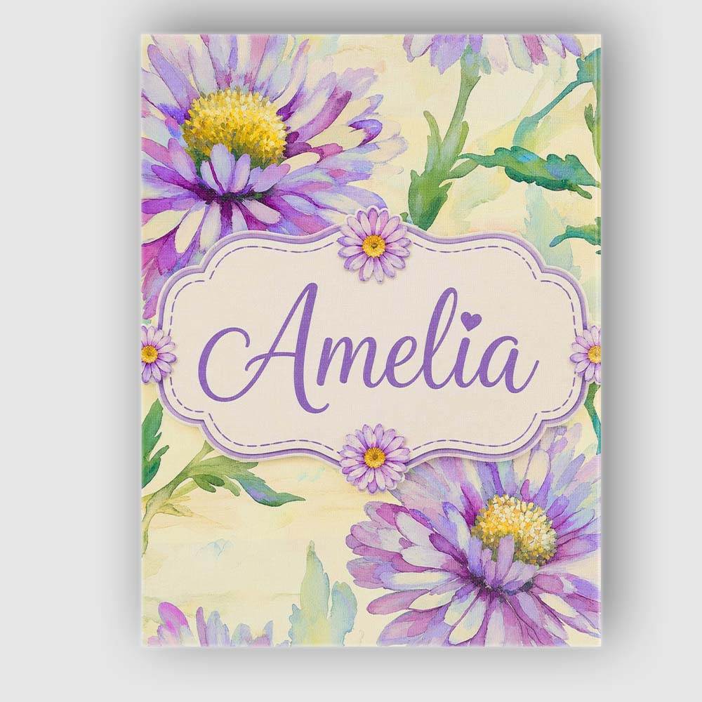 Personalised Name Watercolor Purple Daisy Custom  Unique Gift Idea Elegant Feature Canvas Wall Art Print Decor Picture Ready to Hang