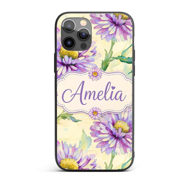 Watercolor Purple Daisy Floral Seamless Pattern Custom Name Protective Phone Case Mobile Cover Durable Everyday Smartphone Shock Resistant