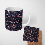 Personalized Custom Name Cute Pink Blue Birds with Leaves Seamless Pattern Night Garden 11oz Ceramic Coffee Tea Mug White Large Handle