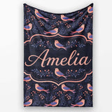 Cute Pink Blue Birds with Leaves Seamless Pattern Night Garden  Personalised Custom Name Super Soft Fleece Blanket Bed Sofa Throw