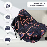 Cute Pink Blue Birds with Leaves Seamless Pattern Night Garden  Personalised Custom Name Super Soft Fleece Blanket Bed Sofa Throw