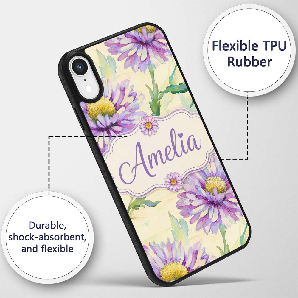 Watercolor Purple Daisy Floral Seamless Pattern Custom Name Protective Phone Case Mobile Cover Durable Everyday Smartphone Shock Resistant