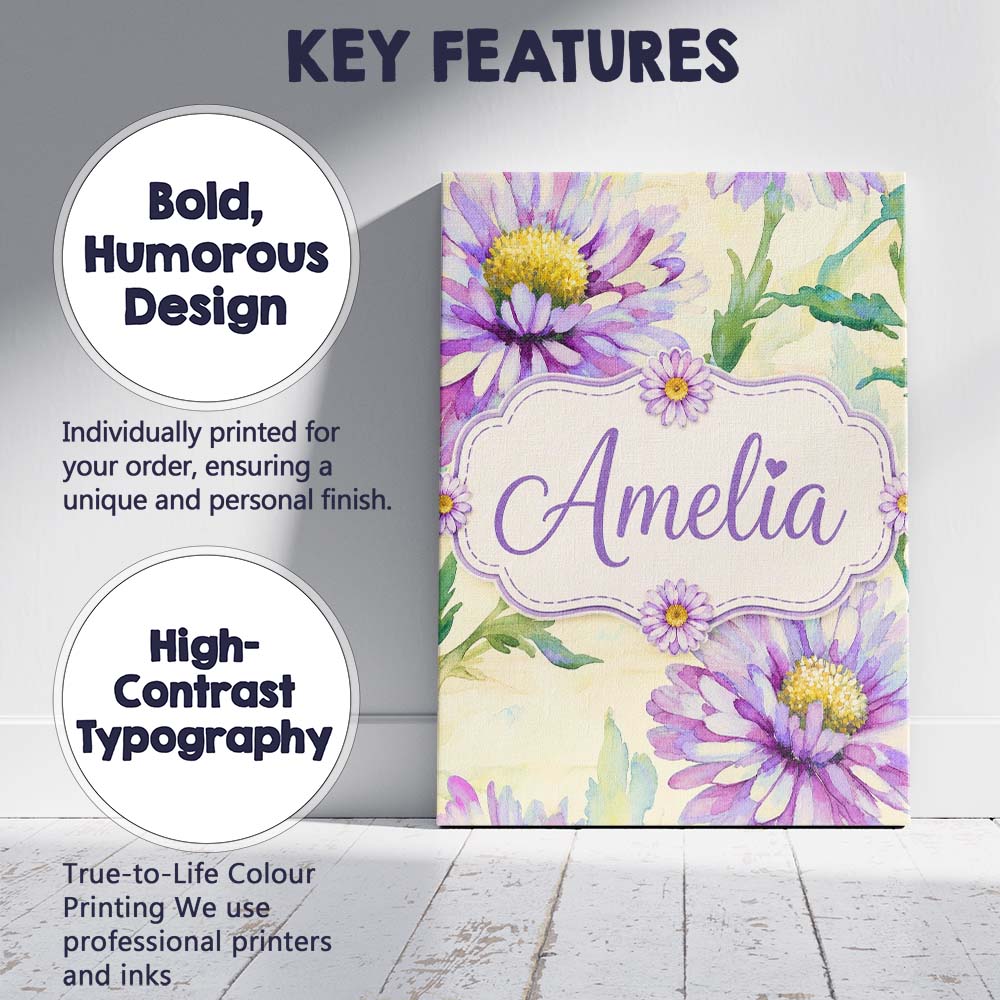 Personalised Name Watercolor Purple Daisy Custom  Unique Gift Idea Elegant Feature Canvas Wall Art Print Decor Picture Ready to Hang