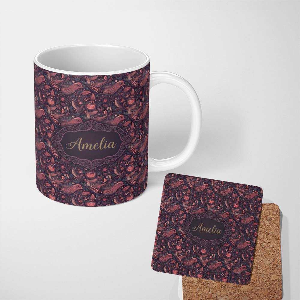 Personalized Custom Name Ornate Folk Art Birds Floral Seamless Pattern Decorative Nature 11oz Ceramic Coffee Tea Mug White Large Handle
