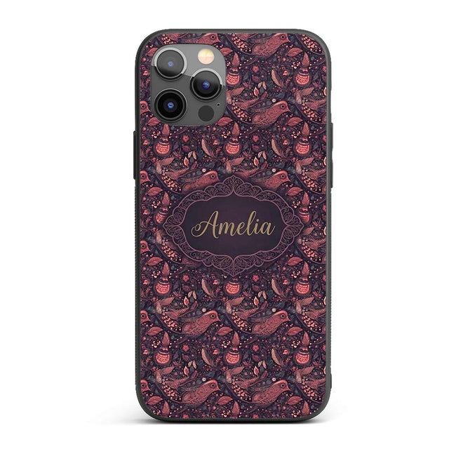 Ornate Folk Art Birds Floral Seamless Pattern Custom Name Protective Phone Case Mobile Cover Durable Everyday Smartphone Shock Resistant