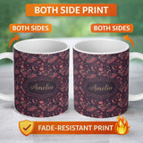 Personalized Custom Name Ornate Folk Art Birds Floral Seamless Pattern Decorative Nature 11oz Ceramic Coffee Tea Mug White Large Handle