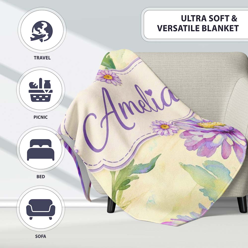 Watercolor Purple Daisy Floral Seamless Pattern on Soft Cream Lovely  Personalised Custom Name Super Soft Fleece Blanket Bed Sofa Throw