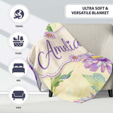Watercolor Purple Daisy Floral Seamless Pattern on Soft Cream Lovely  Personalised Custom Name Super Soft Fleece Blanket Bed Sofa Throw