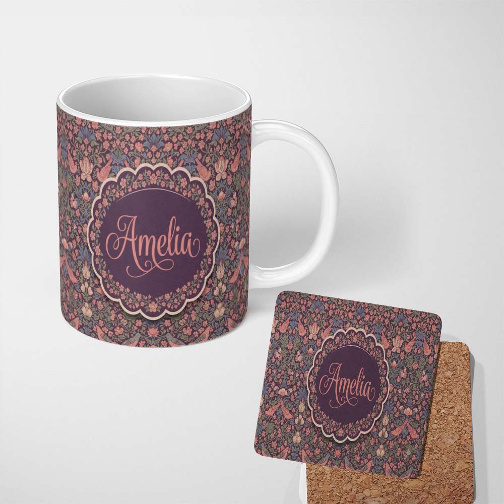 Personalized Custom Name Colorful Birds and Wildflowers Seamless Pattern Dark Meadow Name 11oz Ceramic Coffee Tea Mug White Large Handle
