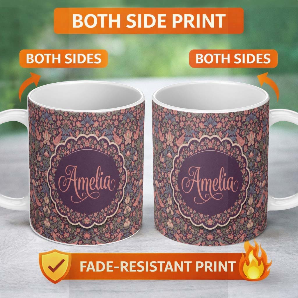 Personalized Custom Name Colorful Birds and Wildflowers Seamless Pattern Dark Meadow Name 11oz Ceramic Coffee Tea Mug White Large Handle