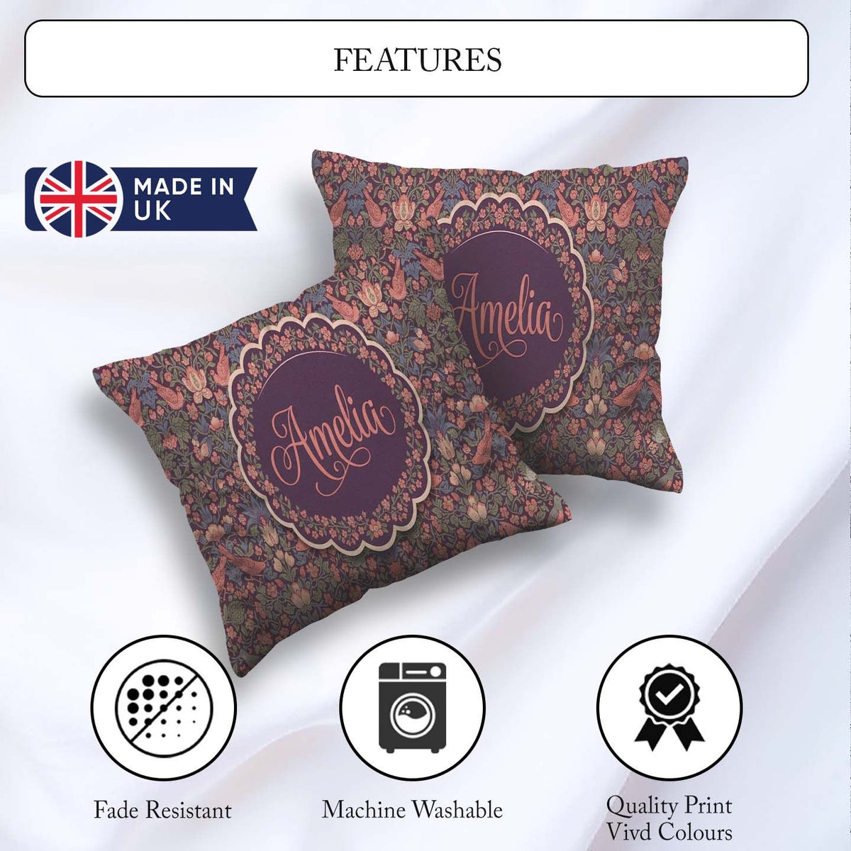 Custom Name Colorful Birds and Seamless Pattern Dark Meadow Name Square Filled Cushion Throw Pillow Sofa Bed Home Decor Zip Washable UK Made
