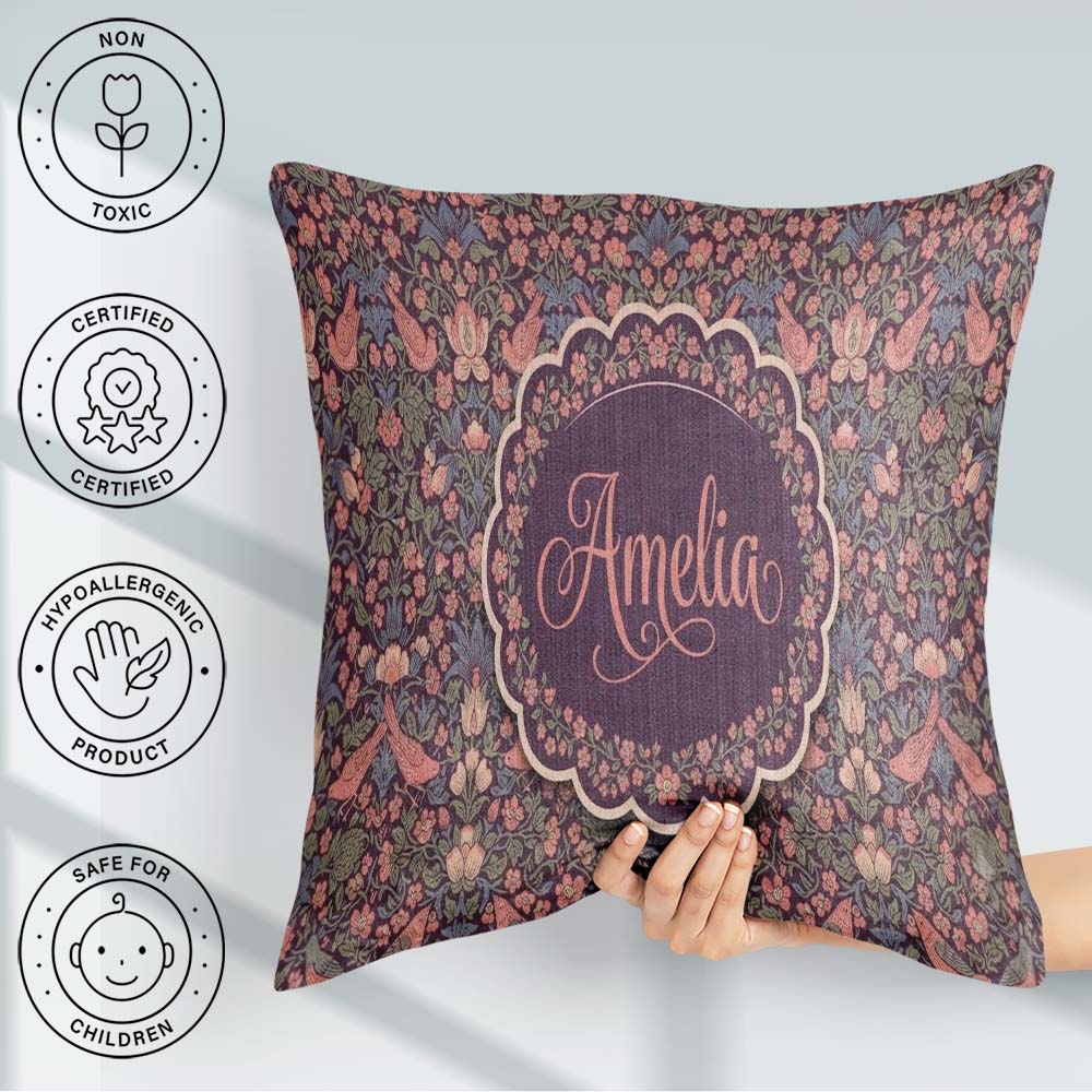 Custom Name Colorful Birds and Seamless Pattern Dark Meadow Name Square Filled Cushion Throw Pillow Sofa Bed Home Decor Zip Washable UK Made