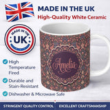 Personalized Custom Name Colorful Birds and Wildflowers Seamless Pattern Dark Meadow Name 11oz Ceramic Coffee Tea Mug White Large Handle