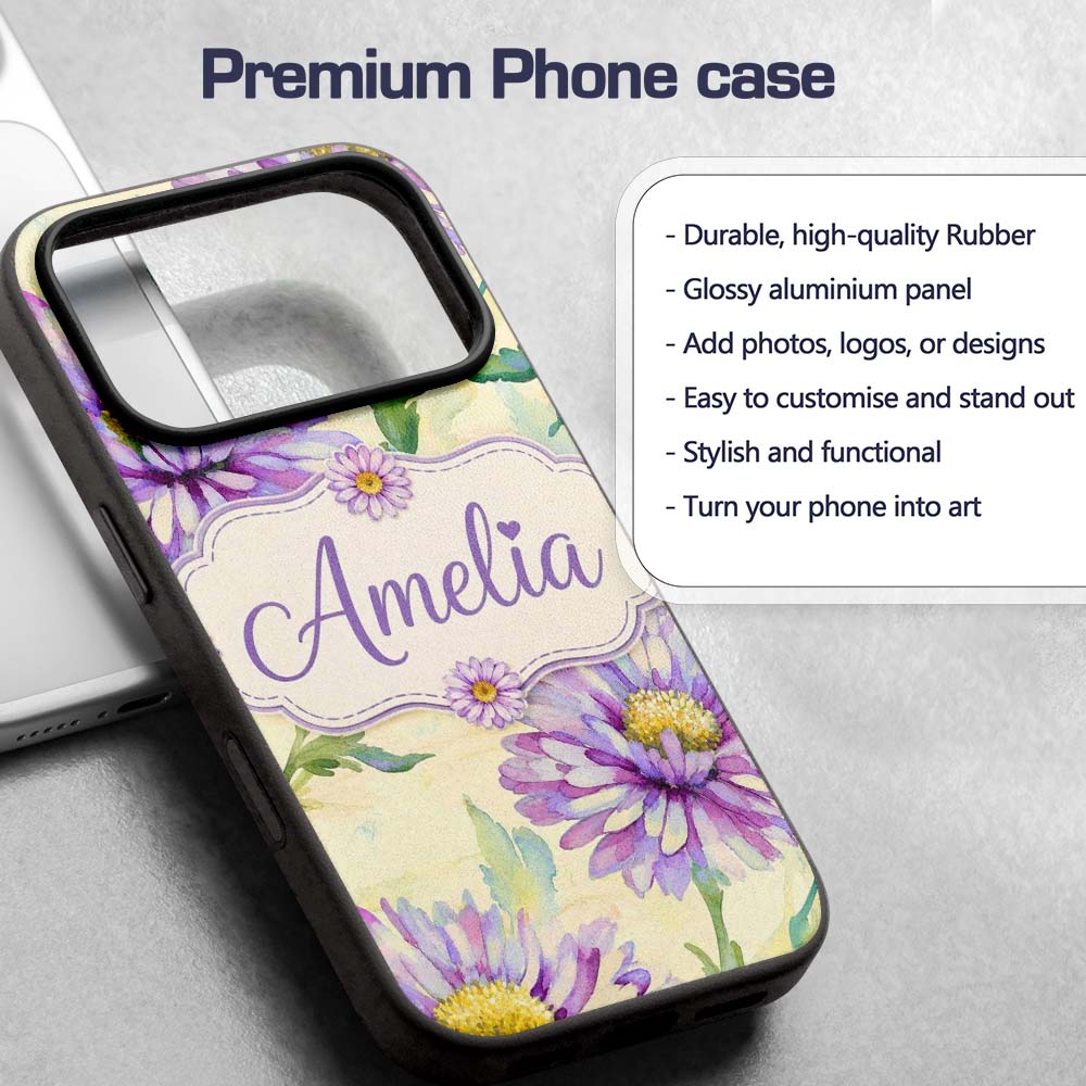 Watercolor Purple Daisy Floral Seamless Pattern Custom Name Protective Phone Case Mobile Cover Durable Everyday Smartphone Shock Resistant