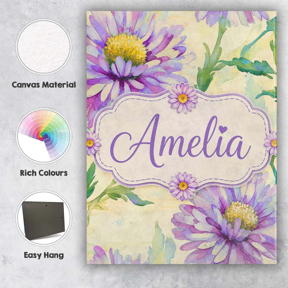 Personalised Name Watercolor Purple Daisy Custom  Unique Gift Idea Elegant Feature Canvas Wall Art Print Decor Picture Ready to Hang