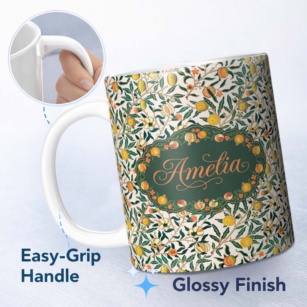 Personalized Custom Name Vintage Citrus Fruit Branches Seamless Pattern Botanical Garden 11oz Ceramic Coffee Tea Mug White Large Handle