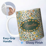 Personalized Custom Name Vintage Citrus Fruit Branches Seamless Pattern Botanical Garden 11oz Ceramic Coffee Tea Mug White Large Handle