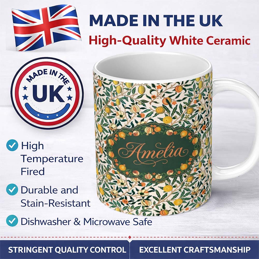 Personalized Custom Name Vintage Citrus Fruit Branches Seamless Pattern Botanical Garden 11oz Ceramic Coffee Tea Mug White Large Handle