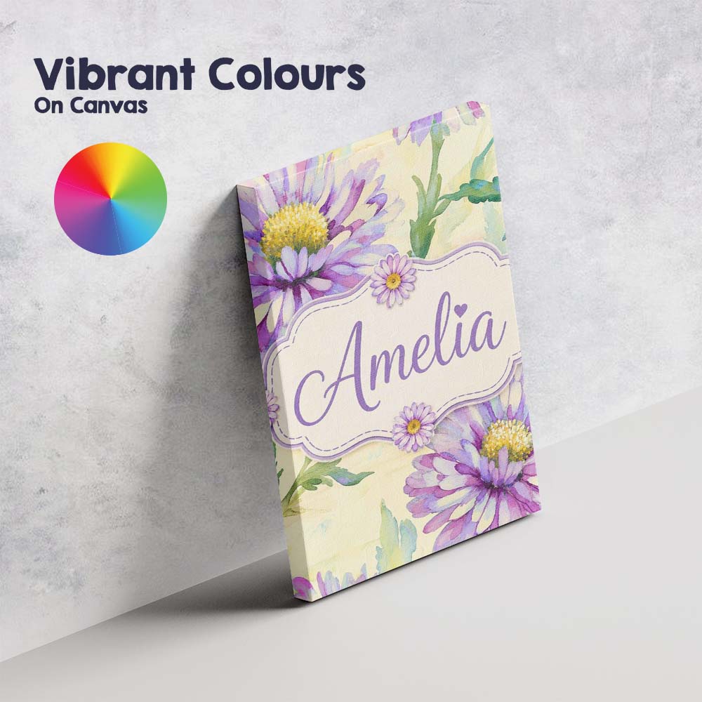 Personalised Name Watercolor Purple Daisy Custom  Unique Gift Idea Elegant Feature Canvas Wall Art Print Decor Picture Ready to Hang