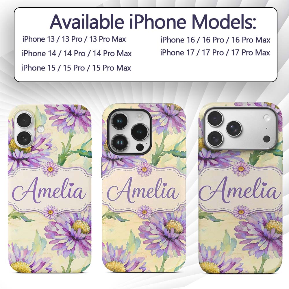 Watercolor Purple Daisy Floral Seamless Pattern Custom Name Protective Phone Case Mobile Cover Durable Everyday Smartphone Shock Resistant