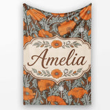 Retro Orange Poppy Flowers Seamless Pattern Botanical Floral Name  Personalised Custom Name Super Soft Fleece Blanket Bed Sofa Throw