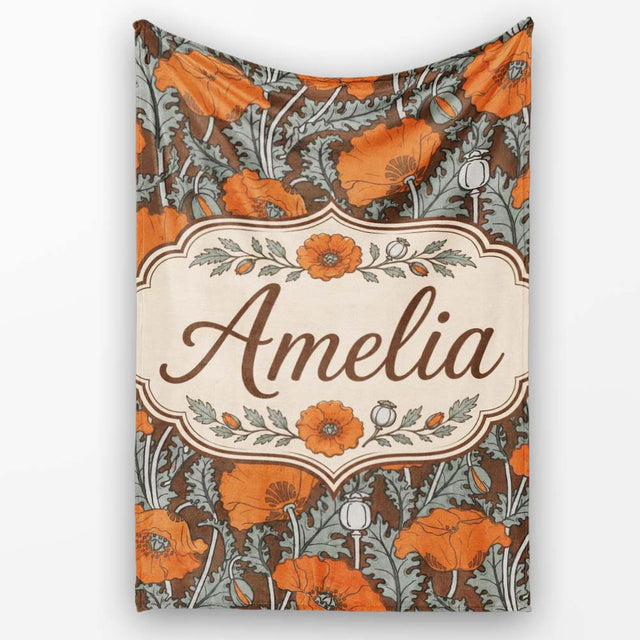 Retro Orange Poppy Flowers Seamless Pattern Botanical Floral Name  Personalised Custom Name Super Soft Fleece Blanket Bed Sofa Throw