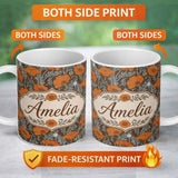 Personalized Custom Name Retro Orange Poppy Flowers Seamless Pattern Botanical Floral Name 11oz Ceramic Coffee Tea Mug White Large Handle
