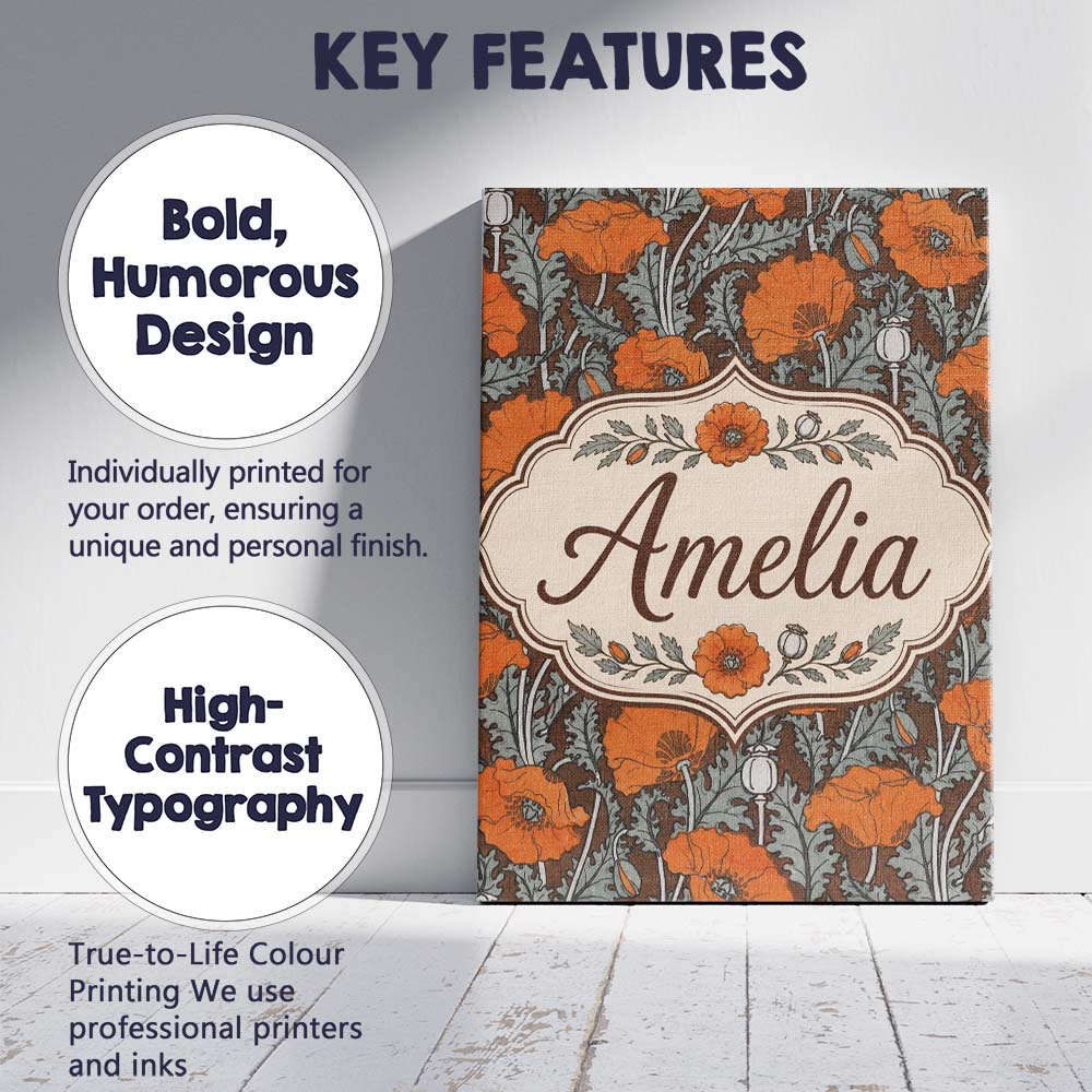 Personalised Name Retro Orange Poppy Custom Premium Decorative Design Modern Room Accent Canvas Wall Art Print Decor Picture Ready to Hang