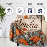 Retro Orange Poppy Flowers Seamless Pattern Botanical Floral Name  Personalised Custom Name Super Soft Fleece Blanket Bed Sofa Throw
