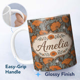 Personalized Custom Name Retro Orange Poppy Flowers Seamless Pattern Botanical Floral Name 11oz Ceramic Coffee Tea Mug White Large Handle