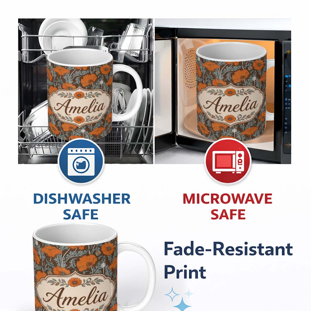 Personalized Custom Name Retro Orange Poppy Flowers Seamless Pattern Botanical Floral Name 11oz Ceramic Coffee Tea Mug White Large Handle