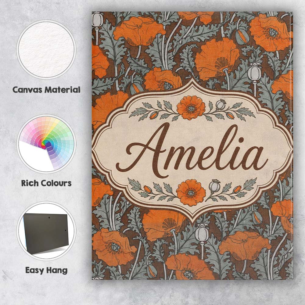 Personalised Name Retro Orange Poppy Custom Premium Decorative Design Modern Room Accent Canvas Wall Art Print Decor Picture Ready to Hang