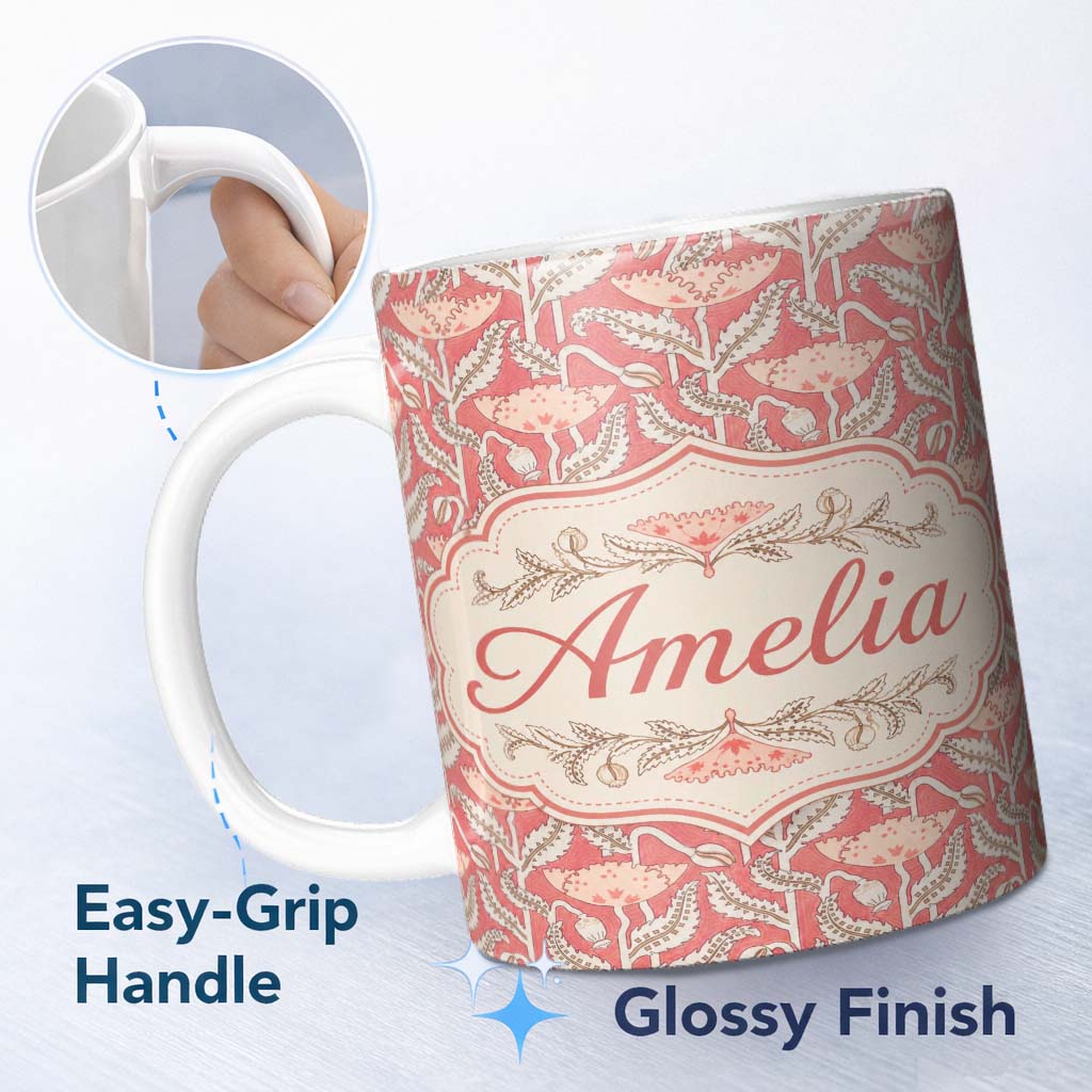 Personalized Custom Name Art Nouveau Floral Pattern with Stylized Leaves Seamless Name Cute 11oz Ceramic Coffee Tea Mug White Large Handle