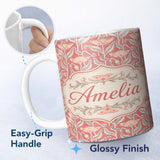 Personalized Custom Name Art Nouveau Floral Pattern with Stylized Leaves Seamless Name Cute 11oz Ceramic Coffee Tea Mug White Large Handle