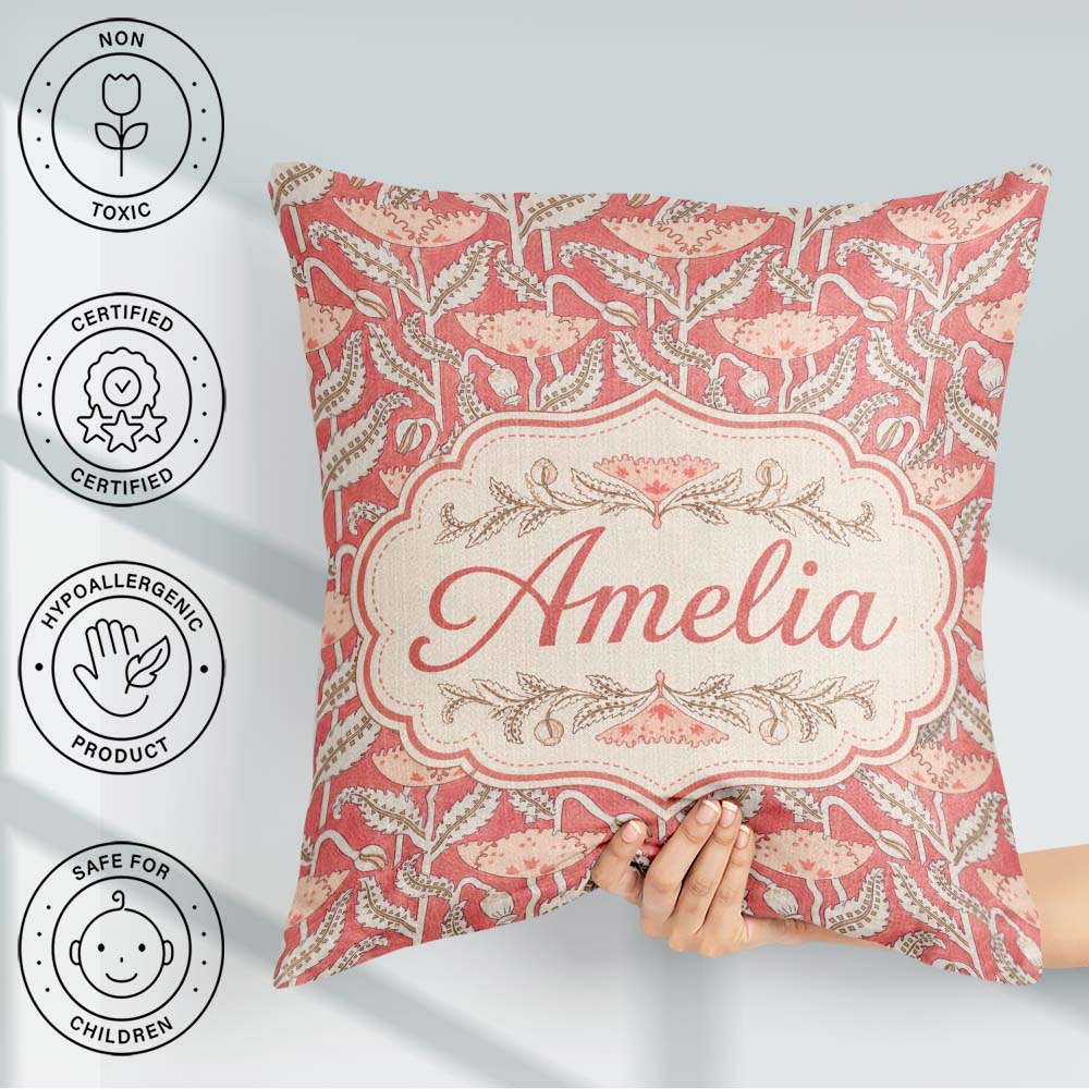 Custom Name Art Nouveau Floral Pattern with Stylized Leaves Name Square Filled Cushion Throw Pillow Sofa Bed Home Decor Zip Washable UK Made