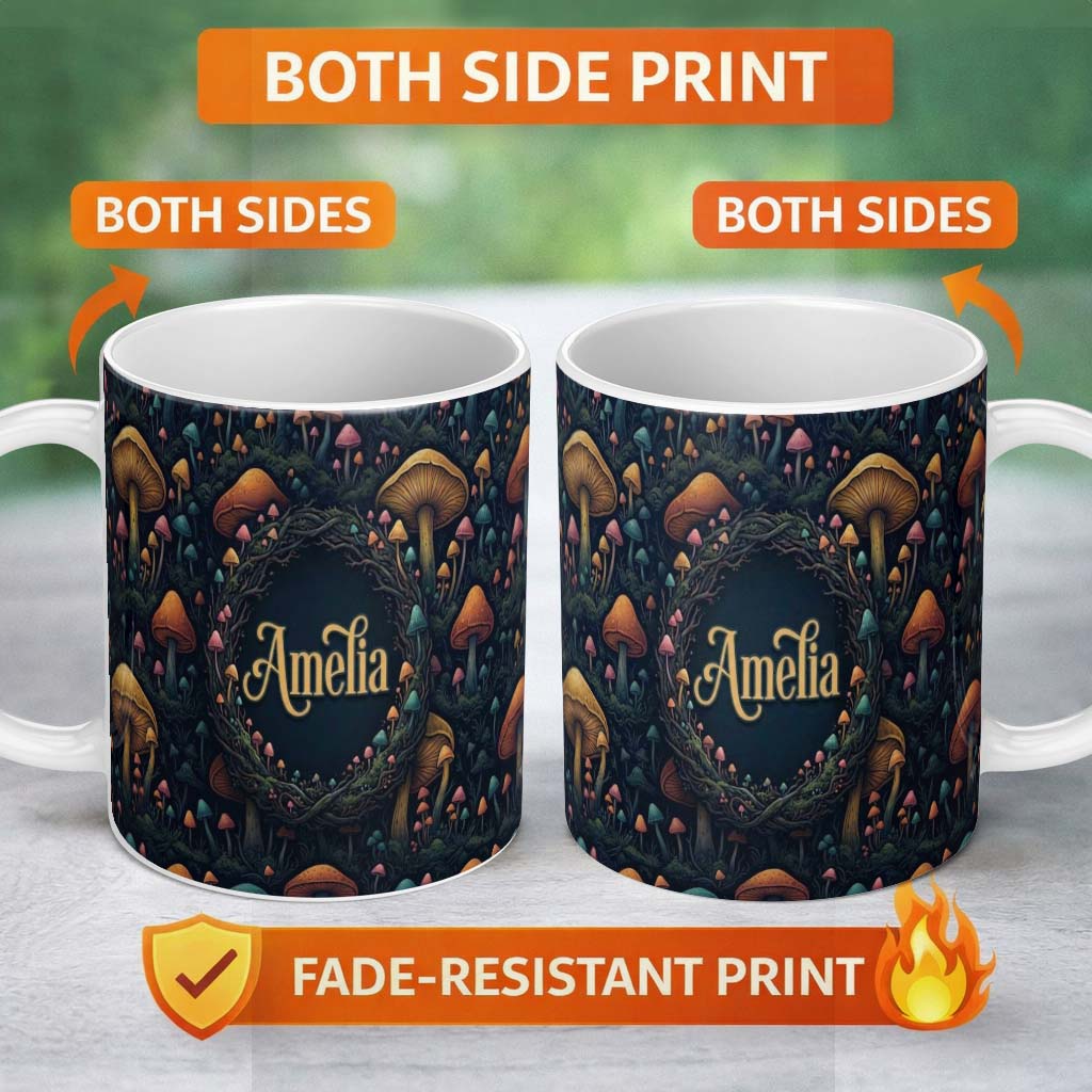 Personalized Custom Name Fantasy Mushroom Forest Seamless Pattern Magical Woodland Custom 11oz Ceramic Coffee Tea Mug White Large Handle