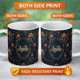 Personalized Custom Name Fantasy Mushroom Forest Seamless Pattern Magical Woodland Custom 11oz Ceramic Coffee Tea Mug White Large Handle