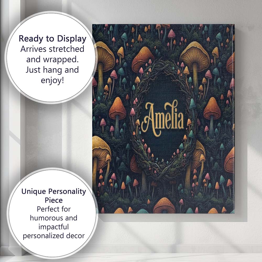 Personalised Name Fantasy Mushroom Forest Custom  Unique Gift Idea Elegant Feature Canvas Wall Art Print Decor Picture Ready to Hang