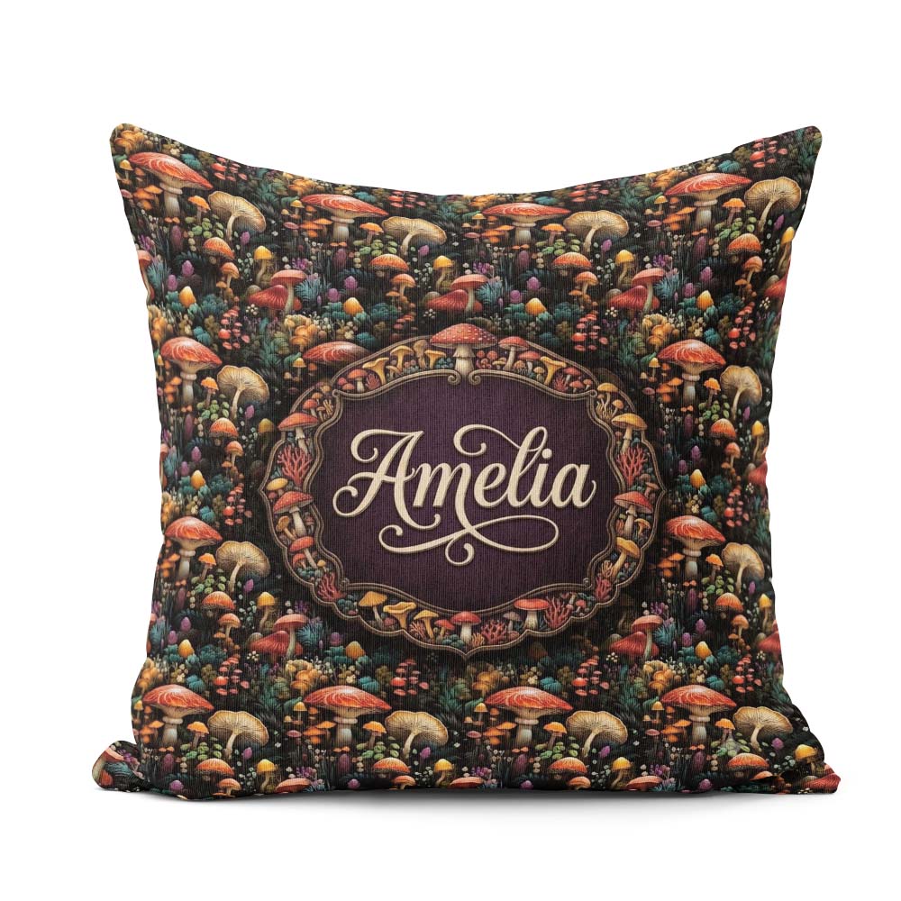 Custom Name Enchanted Forest Mushrooms Seamless Pattern Woodland Square Filled Cushion Throw Pillow Sofa Bed Home Decor Zip Washable UK Made