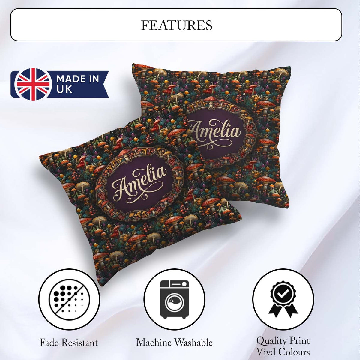 Custom Name Enchanted Forest Mushrooms Seamless Pattern Woodland Square Filled Cushion Throw Pillow Sofa Bed Home Decor Zip Washable UK Made