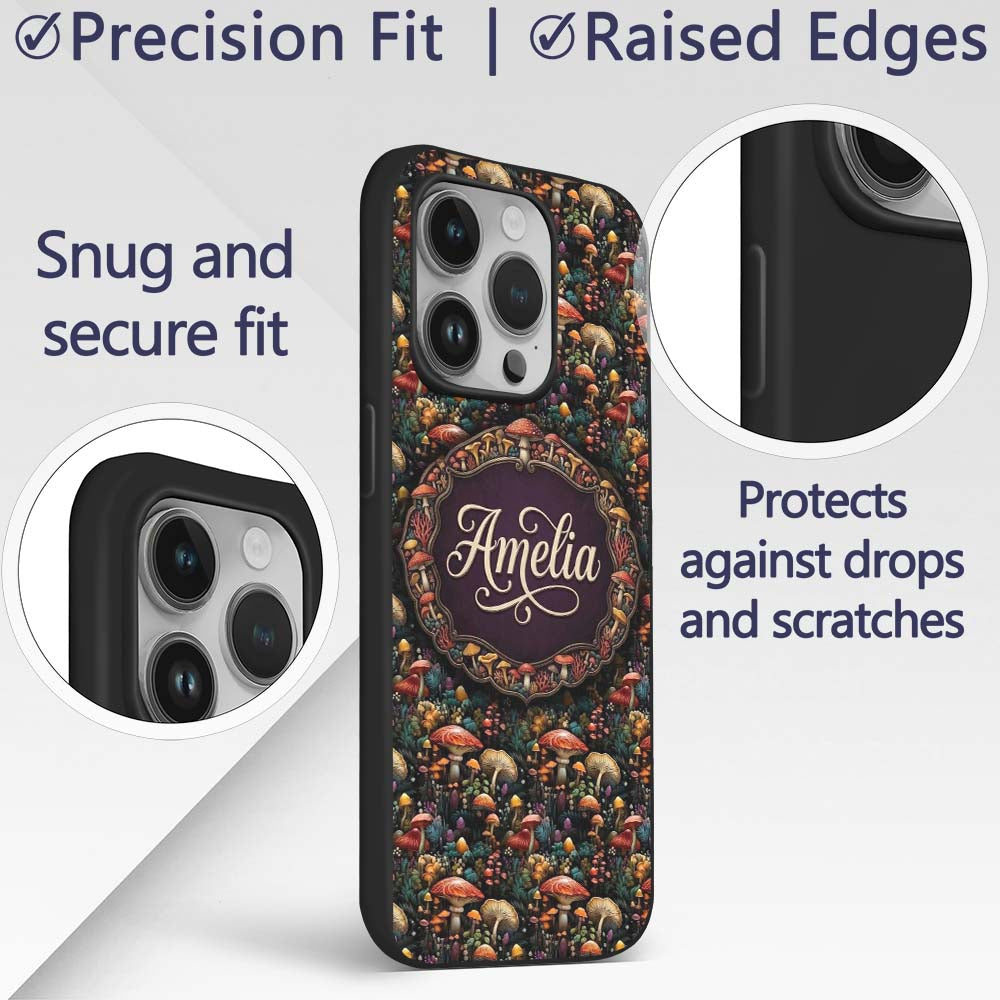 Enchanted Forest Mushrooms Decorative Design Custom Name Protective Phone Case Mobile Cover Durable Everyday Smartphone Shock Resistant