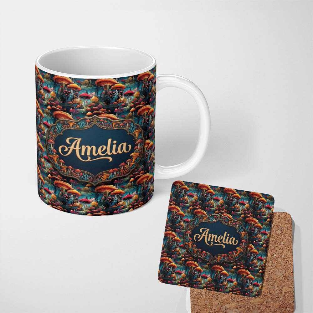 Personalized Custom Name Vibrant Fantasy Mushroom Landscape Seamless Pattern Night Forest 11oz Ceramic Coffee Tea Mug White Large Handle