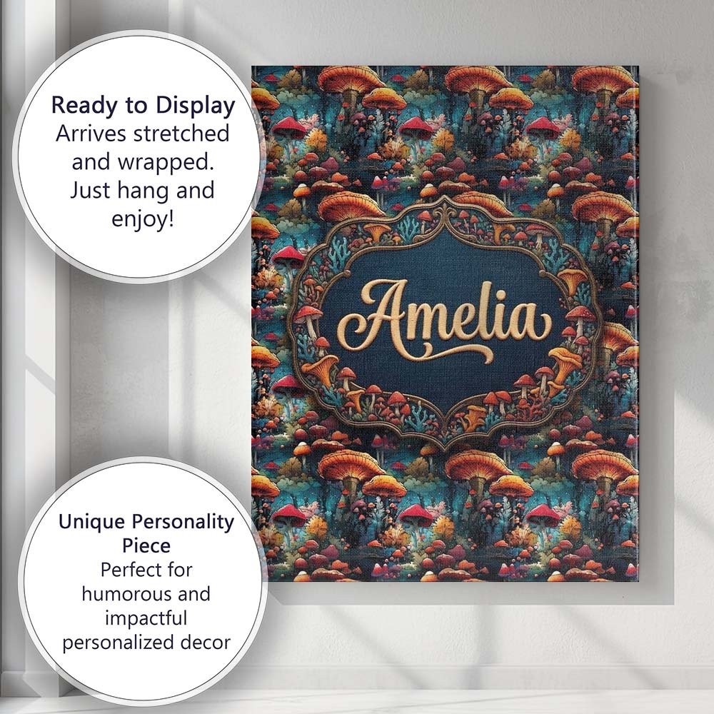 Personalised Name Vibrant Fantasy Mushroom Custom  Unique Gift Idea Elegant Feature Canvas Wall Art Print Decor Picture Ready to Hang