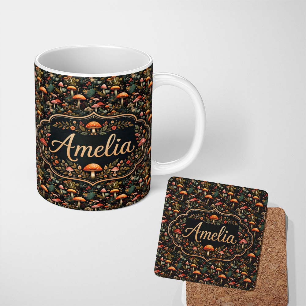 Personalized Custom Name Whimsical Mushroom Garden Seamless Pattern Botanical Woodland Name 11oz Ceramic Coffee Tea Mug White Large Handle