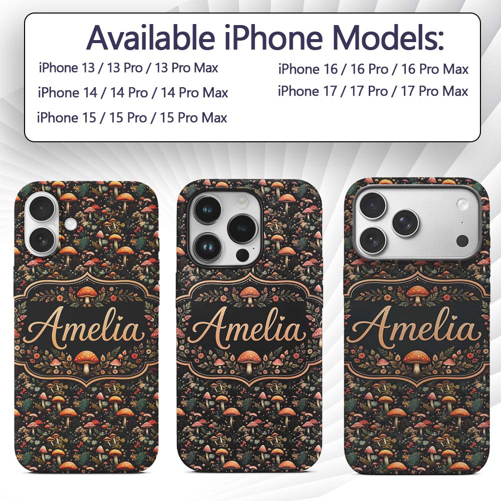 Whimsical Mushroom Garden Seamless Printed Design Custom Name Protective Phone Case Mobile Cover Durable Everyday Smartphone Shock Resistant