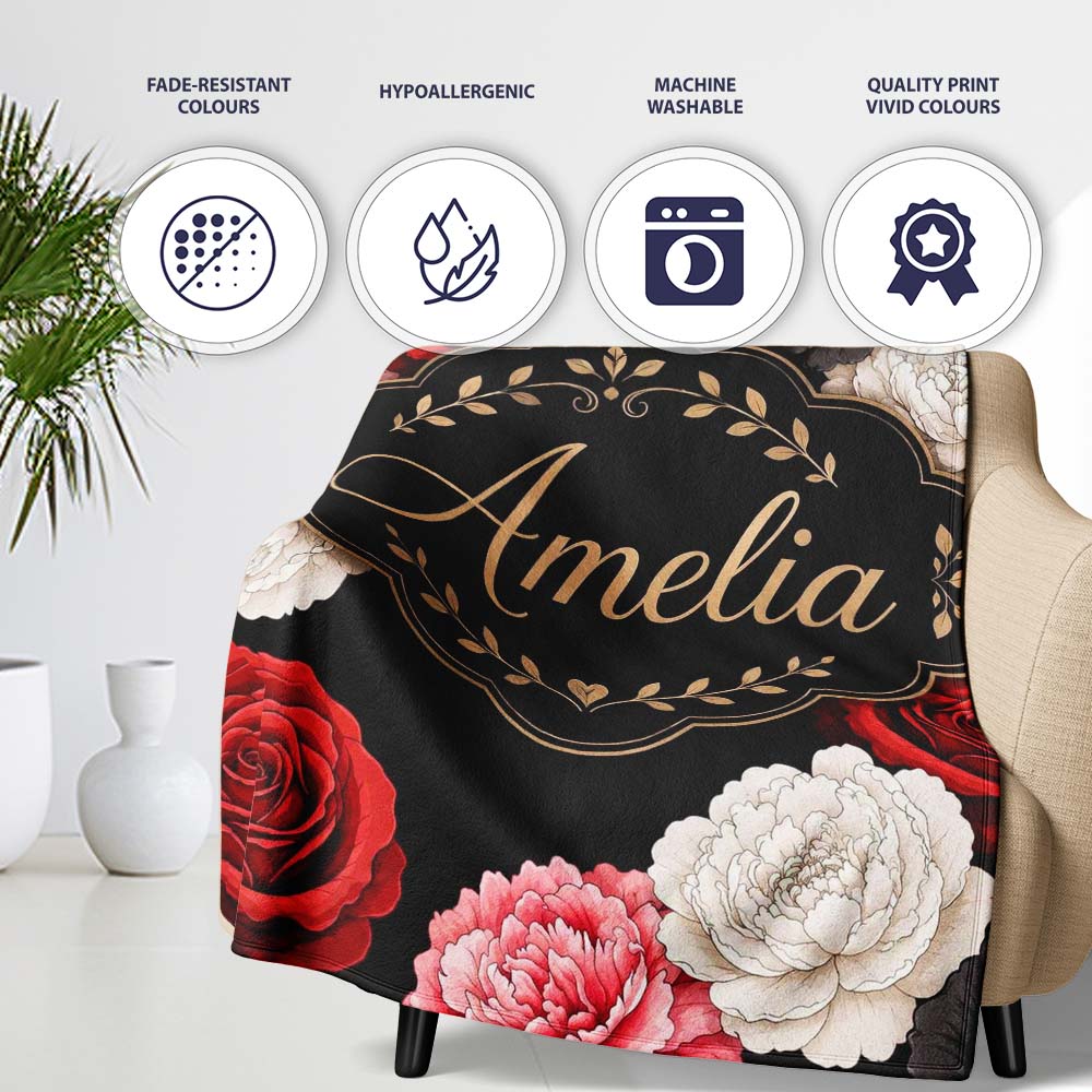 Elegant Rose Floral Seamless Pattern in Red Black and White Lovely  Personalised Custom Name Super Soft Fleece Blanket Bed Sofa Throw